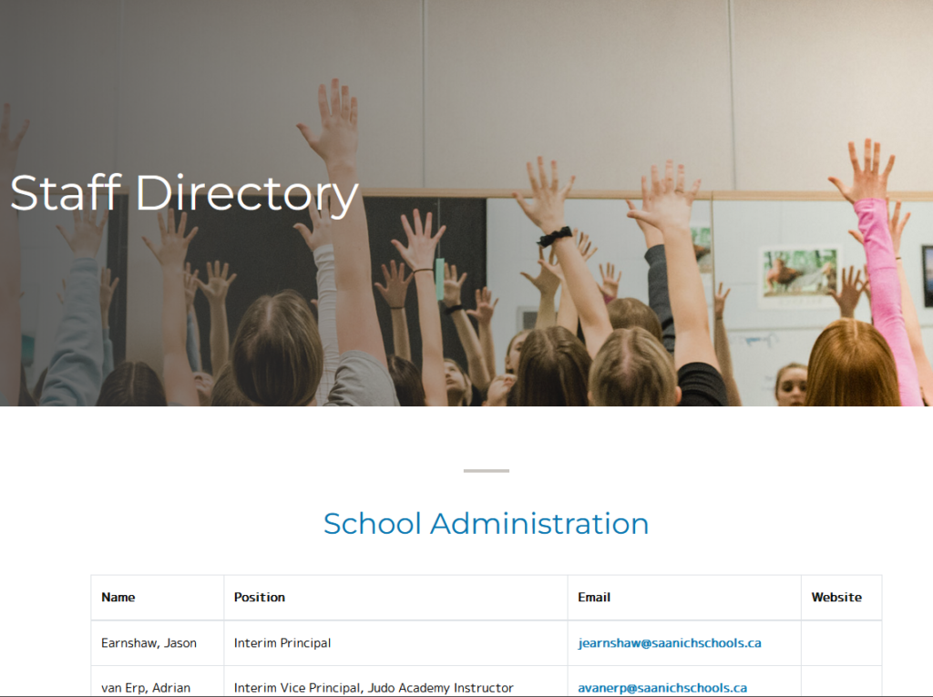 a screenshot of the Parkland Secondary school directory.